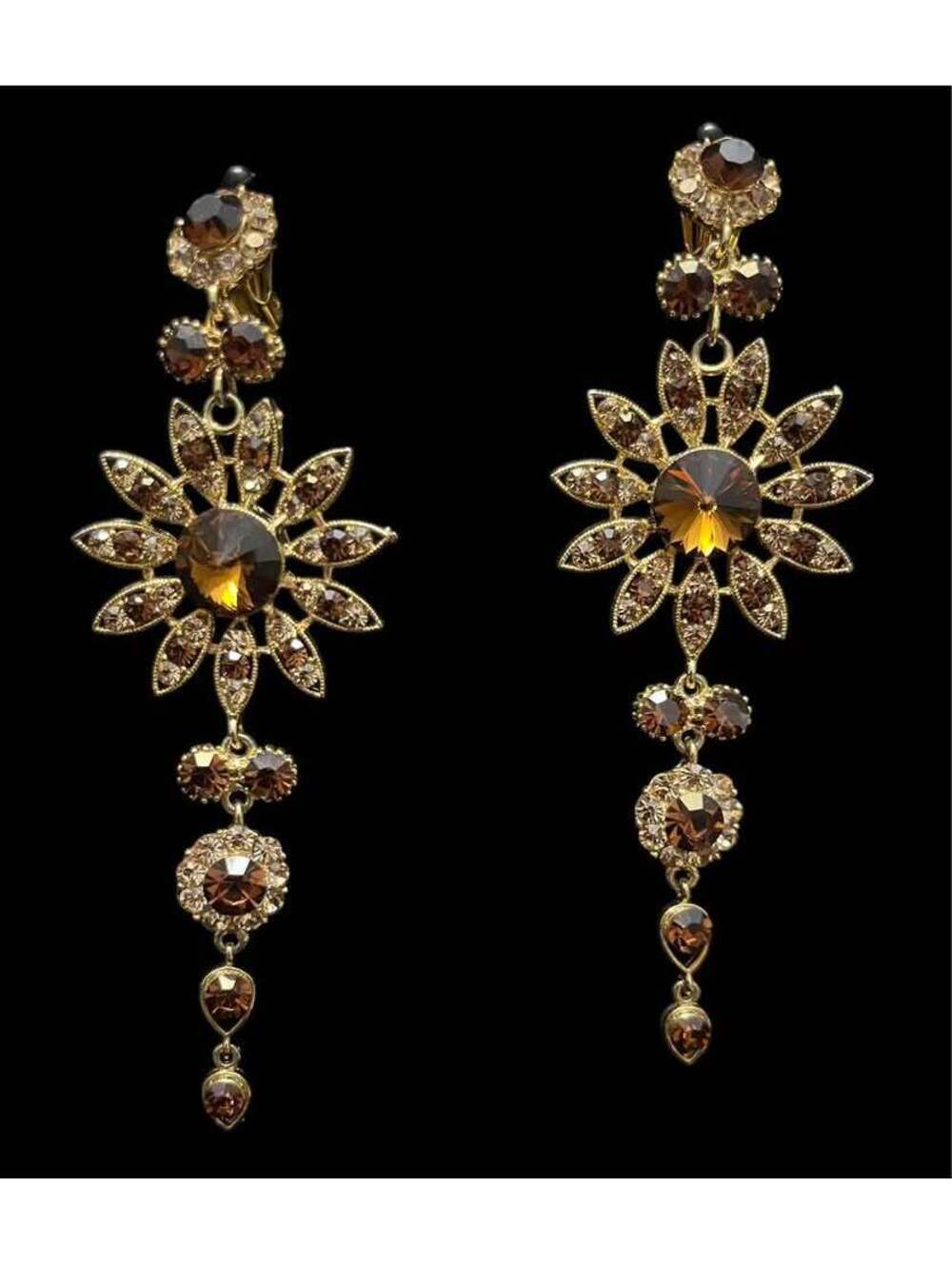 Vintage Gold-Tone Brown Rhinestone Floral Clip-On Dangle Earrings